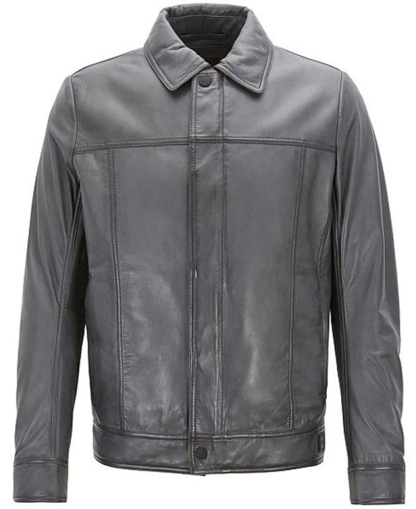 Men's Slim Fit Trucker Grey Leather Jacket